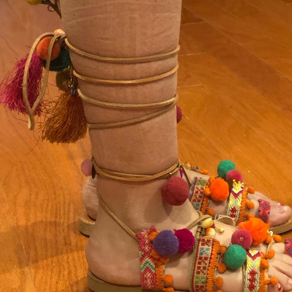 Pom Pom Gladiator Sandals Shoes Made in Greece 38